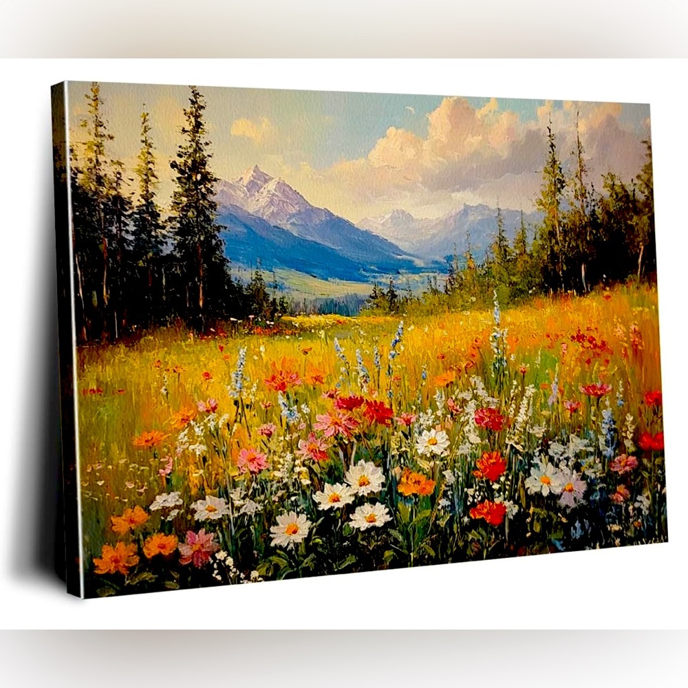 Vintage Canvas Wall Art Featuring an Alpine Meadow with Wildflowers
